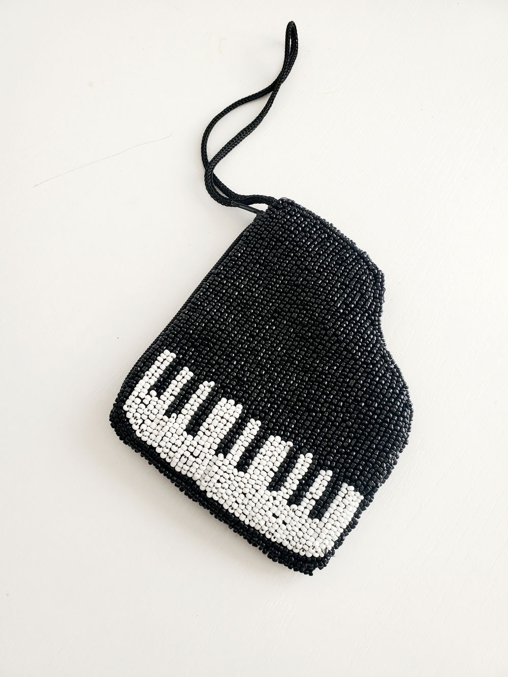 Vintage Black Beaded Piano-Key Wristlet Clutch